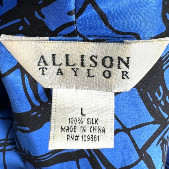 Vintage Allison Taylor 100% Silk Blue Tie Neck Balloon Sleeve Blouse Women's L - Picture 8 of 8